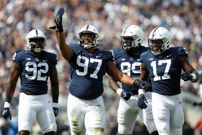 Penn State defensive tackle PJ Mustipher (97) will miss the remainder of the season because of an injury. (Matthew O'Haren/USA Today Sports)